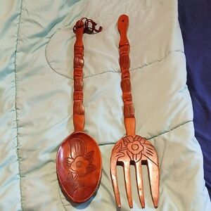 Wooden Carved Spoon and Fork Set Kitchen Decor